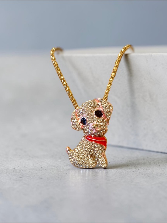 Source Unknown Jewelry - Gold-Tone Crystal Puppy Necklace with Red Collar 27.5” Popcorn chain